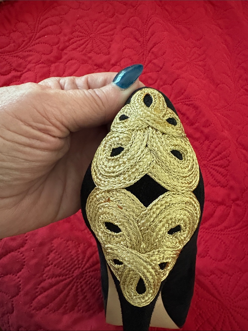 Brian Atwood Black Suede Peep-Toe Heels with Gold Embellishment - Picture 3 of 5
